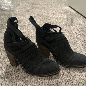 Free People Black Leather Strappy Heeled Boots